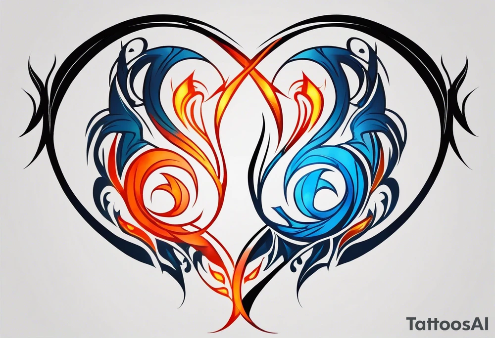 Twin flame symbol. Tattoo should be the size of a half dollar. Symbol should be minimalistic and have clean lines. Give it fire. Straight clean line border around the fire. Fire color is blue intertwined with orange and red. No cartoon variations. tattoo idea