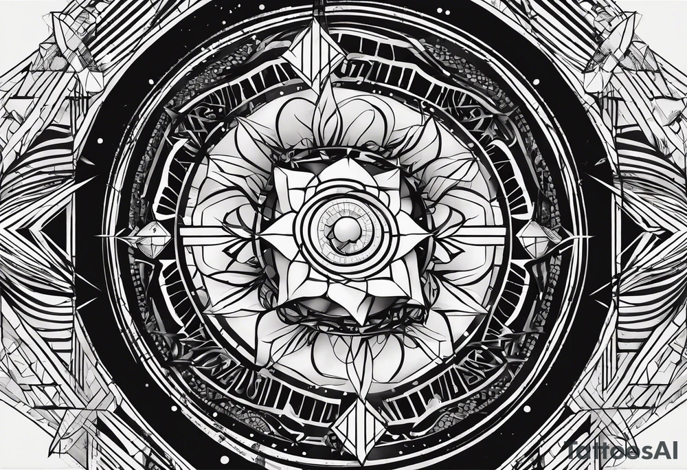 motivational depiction centered around the bold word “DISCIPLINE”, accompanied by phrases like “Be yourself”, “Get out of your mind”, and “Your time is limited”, along with a geometric illustration and radiating lines. tattoo idea