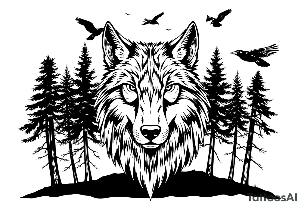 Wolf head surrounded by large pine trees growing from black ground and very small ravens flying overhead tattoo idea