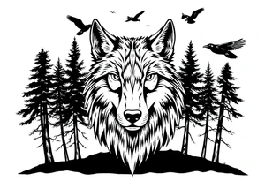 Wolf head surrounded by large pine trees growing from black ground and very small ravens flying overhead tattoo idea