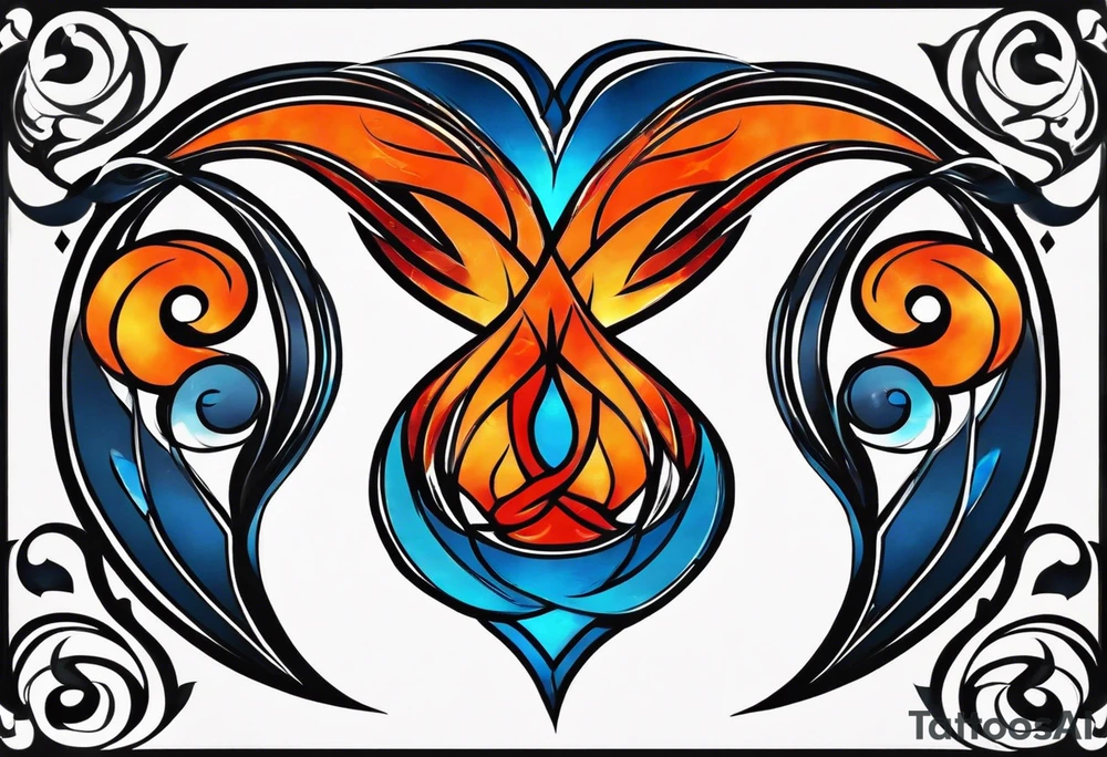 Twin flame symbol. Tattoo should be the size of a half dollar. Symbol should be minimalistic and have clean lines. Give it fire. Straight clean line border around the fire. Fire color is blue intertwined with orange and red. No cartoon variations. tattoo idea