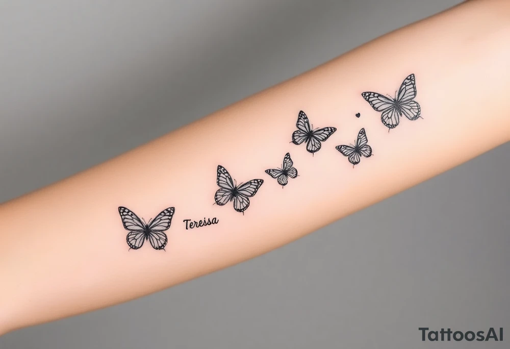 Six different butterflies streaming down arm with six kids names Aden, Aninna, Novaih, Rayla, Jayla, Teresa tattoo idea