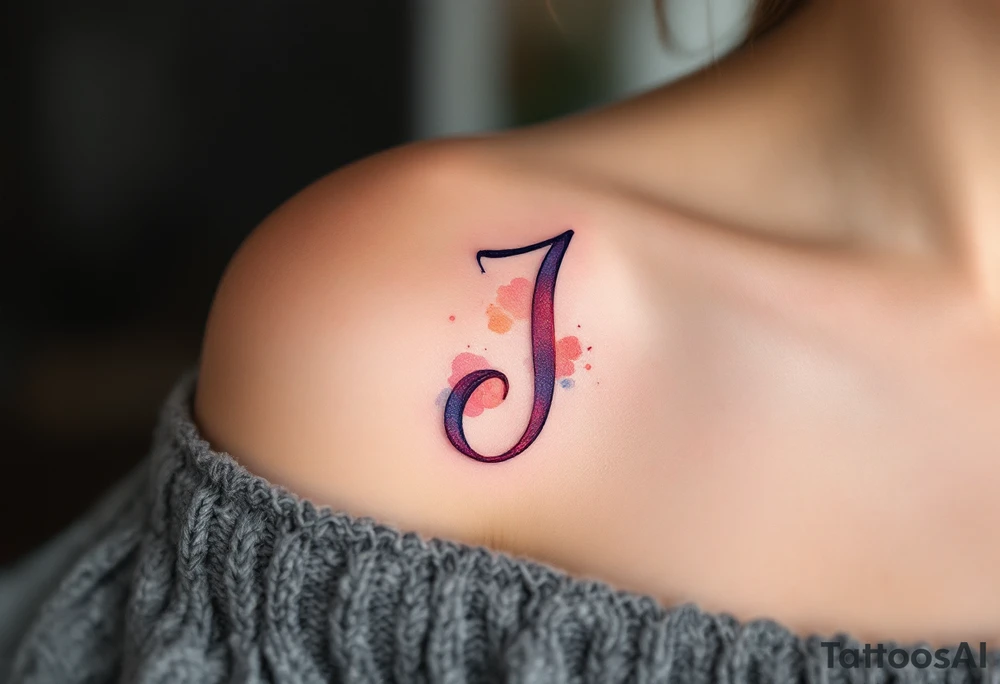 Soft watercolor "J" in blended hues of coral, peach, and rose pink. tattoo idea