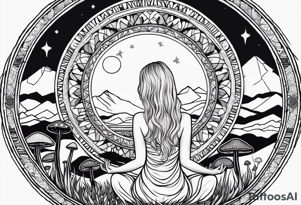 Straight blonde hair girl meditating facing away toward mountains surrounded by mushrooms crescent moon mandala circular design black and white striped dress tattoo idea