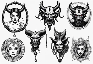woman hand holding satan medallion on a rope tattoo idea