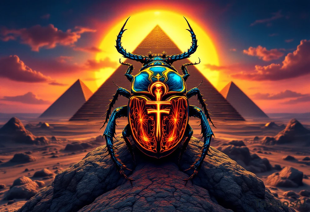 A glowing scarab beetle carrying an Ankh, set against a backdrop of golden pyramids under a twilight sky. tattoo idea