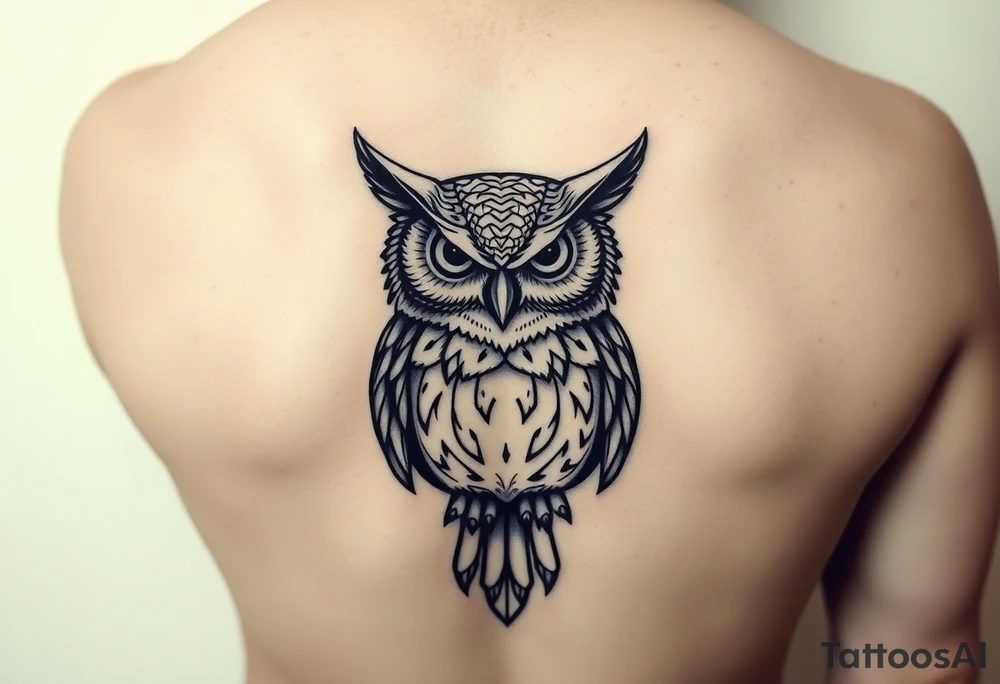 Fierce owl with half dome background in the tummy of the owl black fine line tattoo tattoo idea