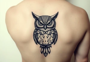 Fierce owl with half dome background in the tummy of the owl black fine line tattoo tattoo idea