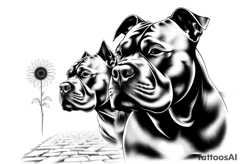 Very thick muscled up pitbull portraits fading into the background as filler incorporate sunflowers, an old road made from pavers tattoo idea