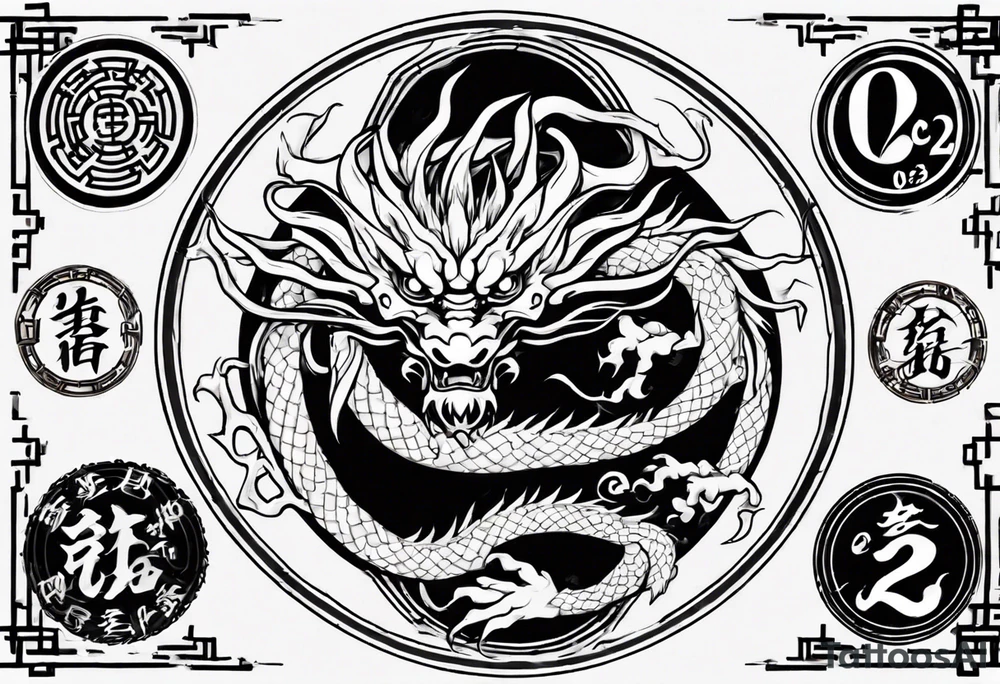 Chinese dragon in a circular shape with "02.03" written on its skin tattoo idea