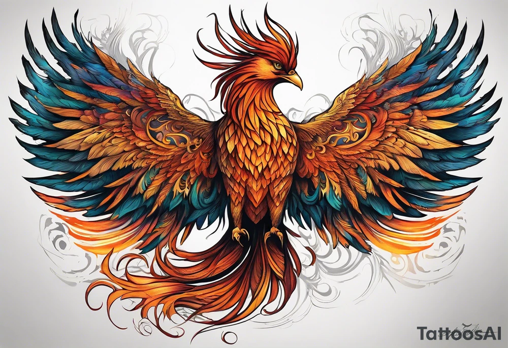 Surreal Tattoo: A powerful, majestic phoenix, depicted mid-flight or rising, with wings extended and feathers flowing. Deep shading and intricate details to bring out the texture and motion of the feathers. Style: Surrealism. tattoo idea