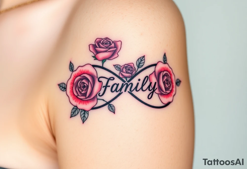 A infinity symbol made of delicate roses, with the word "family" carved into the petals tattoo idea