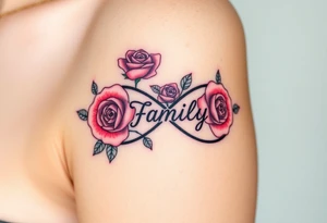 A infinity symbol made of delicate roses, with the word "family" carved into the petals tattoo idea
