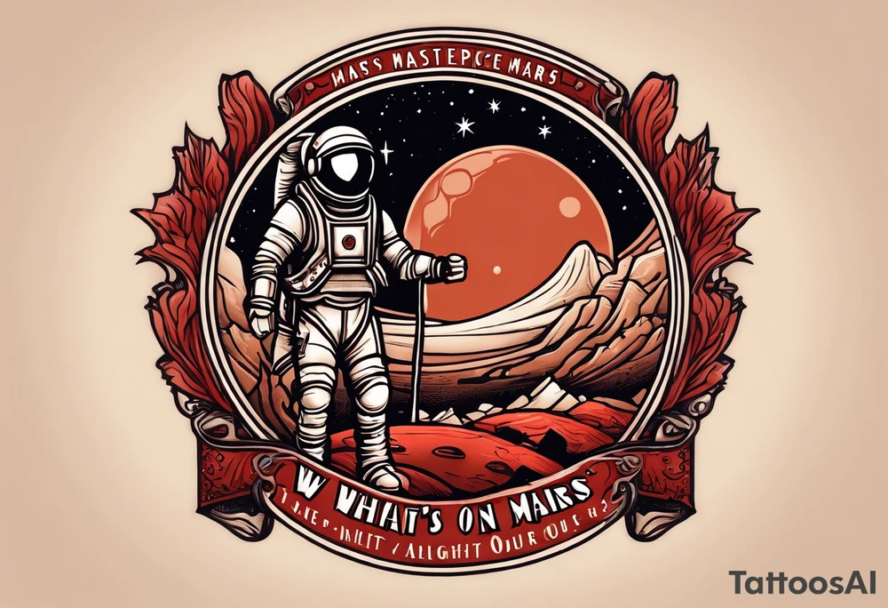 the planet mars with two stick figures holding hands on top of it, with the words "what's another night on mars, with friends like ours?" in a banner across tattoo idea