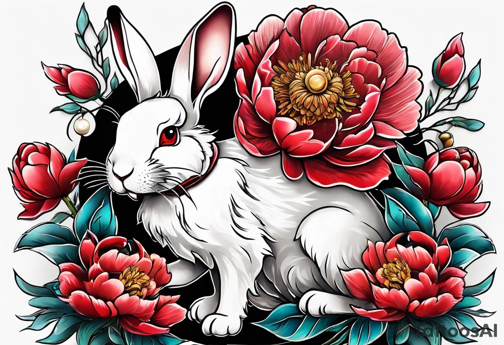 Red peony with a pearl necklace and a rabbit tattoo idea
