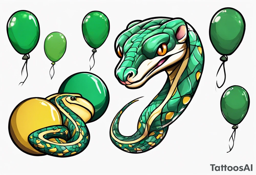 ballpython with colored ballons aside and a green gem on the other side tattoo idea