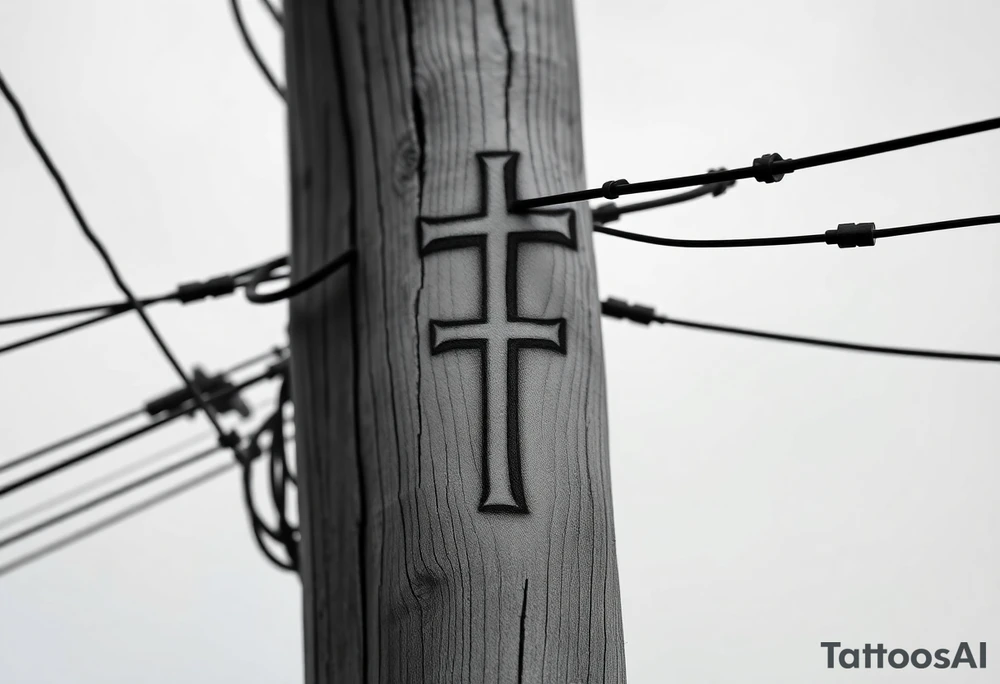 a wooden 12kv distribution pole with electrical lines. Make the pole a cross that has a hidden resemblance to god. tattoo idea