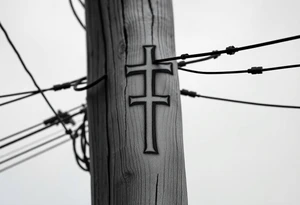 a wooden 12kv distribution pole with electrical lines. Make the pole a cross that has a hidden resemblance to god. tattoo idea