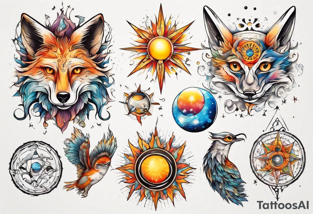 fisch, fuchs und eule , symetrie  sonne, universum, bunt tattoo idea