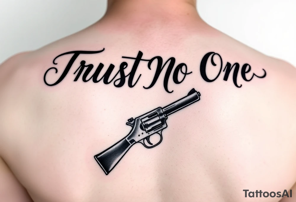 Trust No One in calligraphy writing
With a small gun below it tattoo idea