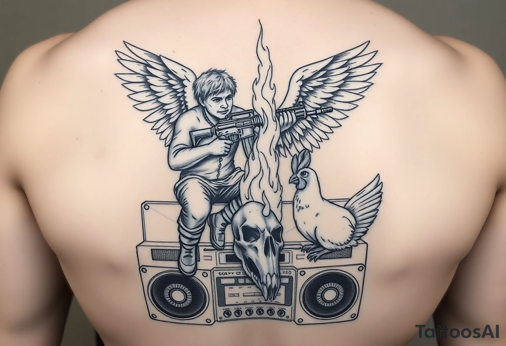 gangster angel sitting on a stereo, holding an AK47, watching a huge flame burning a skull of a rabbit and chicken. tattoo idea