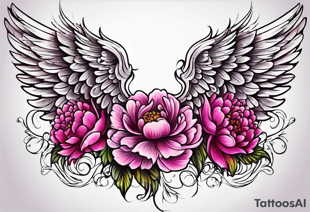beautiful angel wings with colorful hot pink, burgundy, peonies. beautiful flilligree in the background , full color tattoo idea