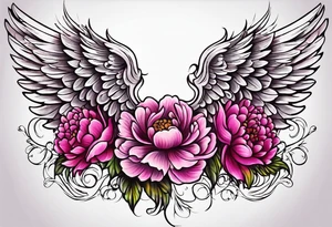 beautiful angel wings with colorful hot pink, burgundy, peonies. beautiful flilligree in the background , full color tattoo idea