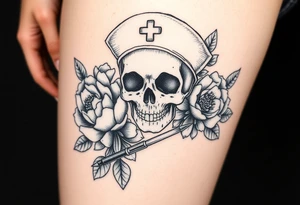 Pretty Nurse skull holding a needle with peonies and honey combs background tattoo idea