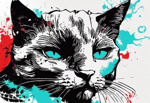 Black cat in the style of Banksy and Xoil, acquarel,  abstract, red and cyan, fractal, tattoo idea