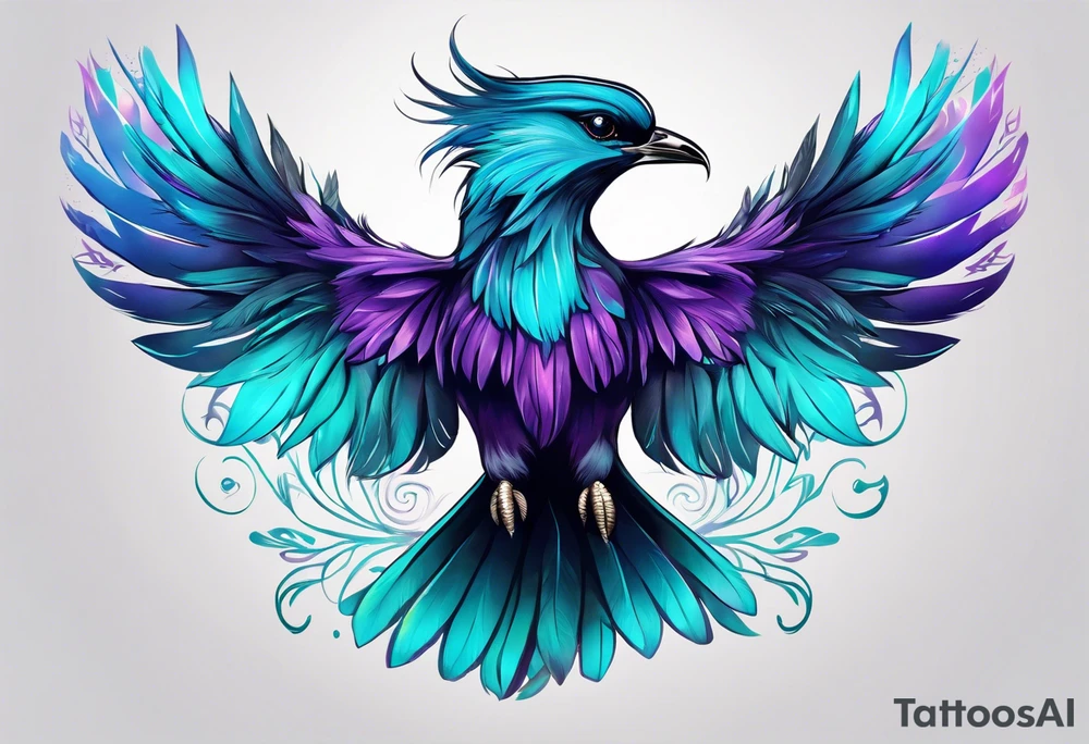 Phenoix on hip down into thigh with feathers that have teal purple and blue tattoo idea