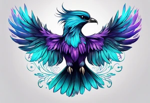 Phenoix on hip down into thigh with feathers that have teal purple and blue tattoo idea