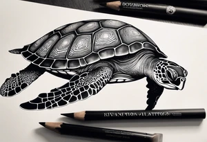 A serene turtle swimming underwater, detailed shell patterns visible, symbolizing patience and longevity.” tattoo idea