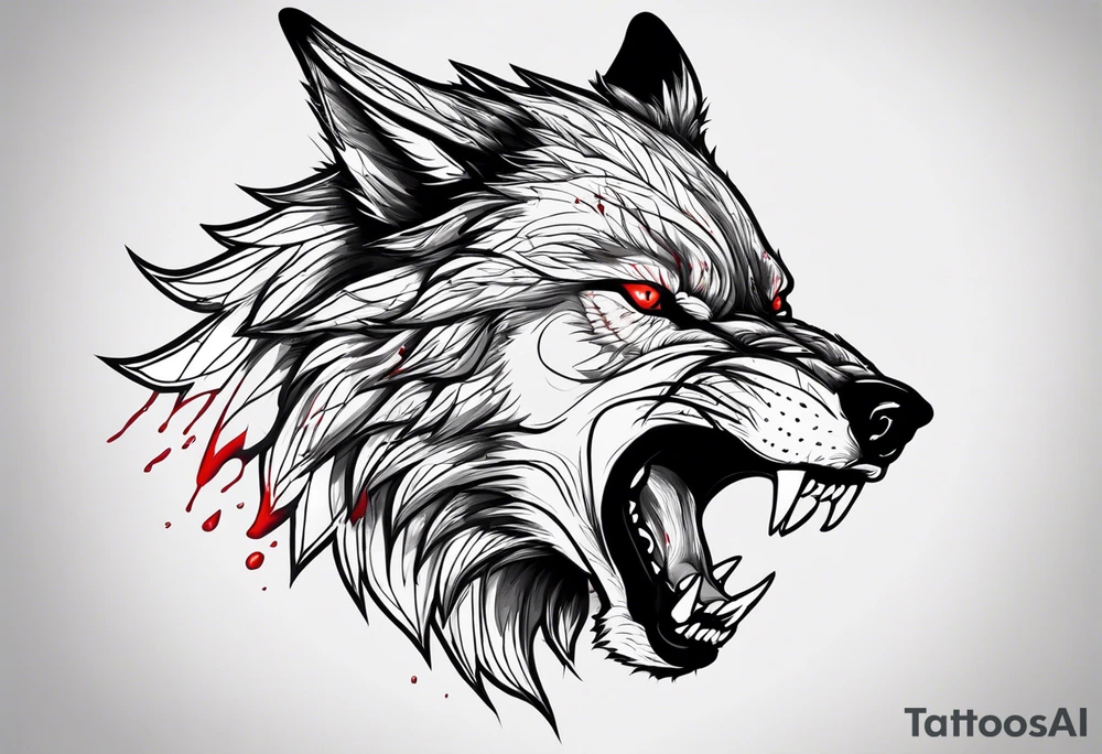 Create aggressive WOLF, with some blood coming out of his mouth and saliva. BLOOD IN THE BACKGROUND. Make it a drawing and use the image of reference. I am going to add. I want HIM TO BE ANGRY WITH RED EYES use VICIOUS WOLF THATS ANGRY tattoo idea