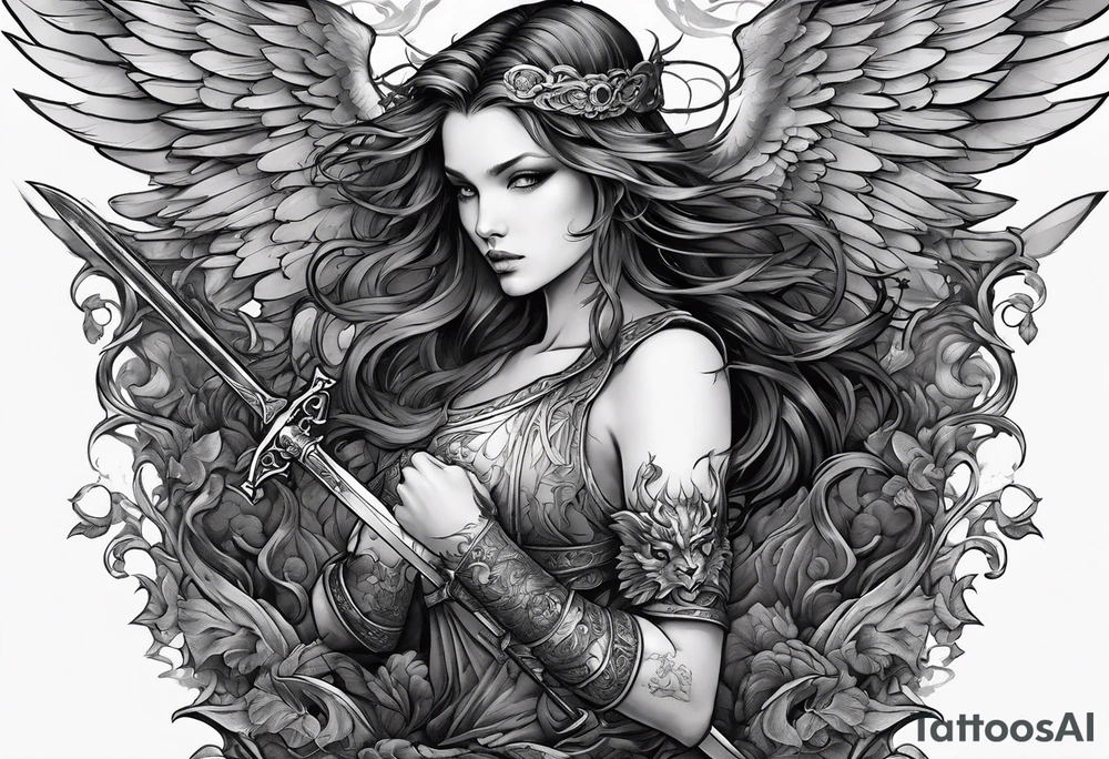 Angel with long sword on a pile of dead demons in etchwork style sleeve tattoo idea