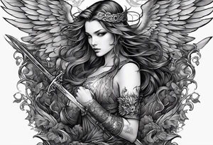 Angel with long sword on a pile of dead demons in etchwork style sleeve tattoo idea