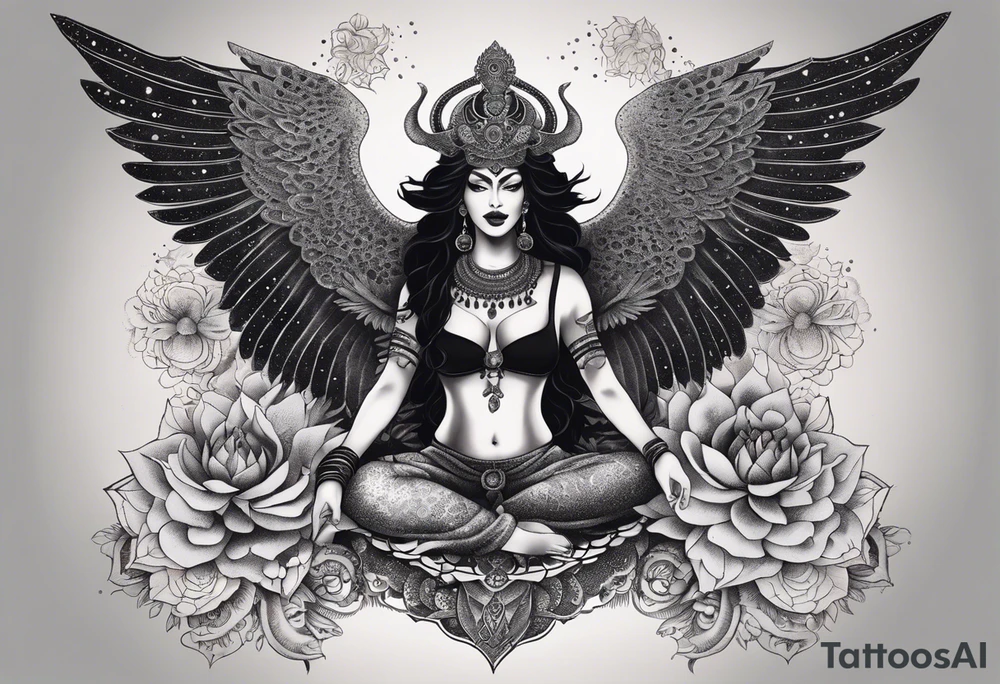 black kali, goddess pirate, alien, angel, pachamama, valkrye, warrior, flying, skull, lotus azul, wing, eagle, zenza resonance, stars, 5D, anahata chakra, death, durga, riding on a tiger, flying lady, kundalini, chest tatoo, samuri, rebel,serpent tattoo idea