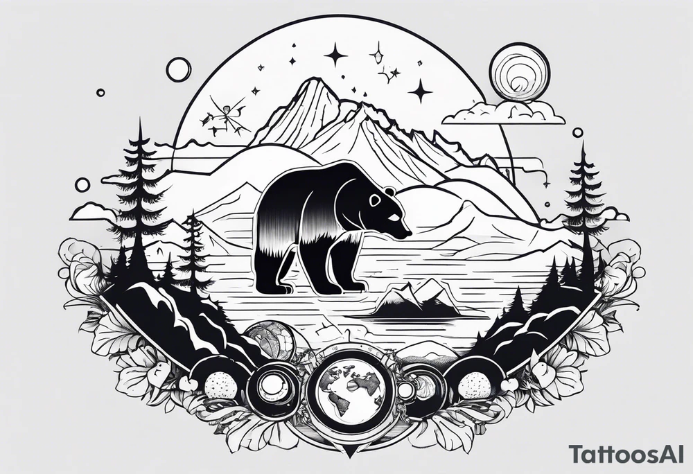 line tatoo beginning with mountains and a polar bear, also has planets, Luffy's  hat, an open book, music and a sword. The whole tatoo is under a skull tattoo idea