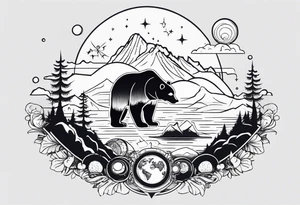 line tatoo beginning with mountains and a polar bear, also has planets, Luffy's  hat, an open book, music and a sword. The whole tatoo is under a skull tattoo idea