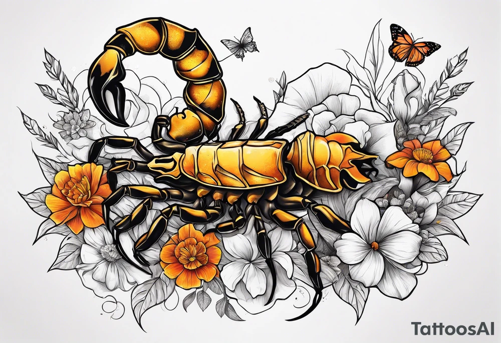 Large scorpion with a skull, flowers, and butterflies tattoo idea