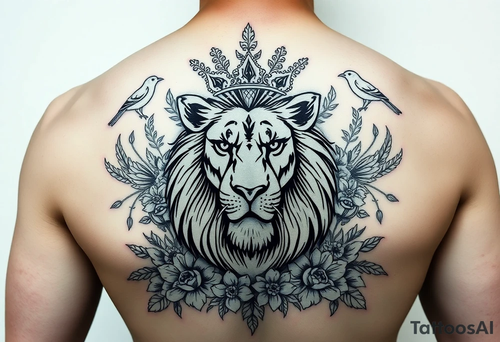 powerful majestic lion with a crown, surrounded by floral ornaments and birds tattoo idea