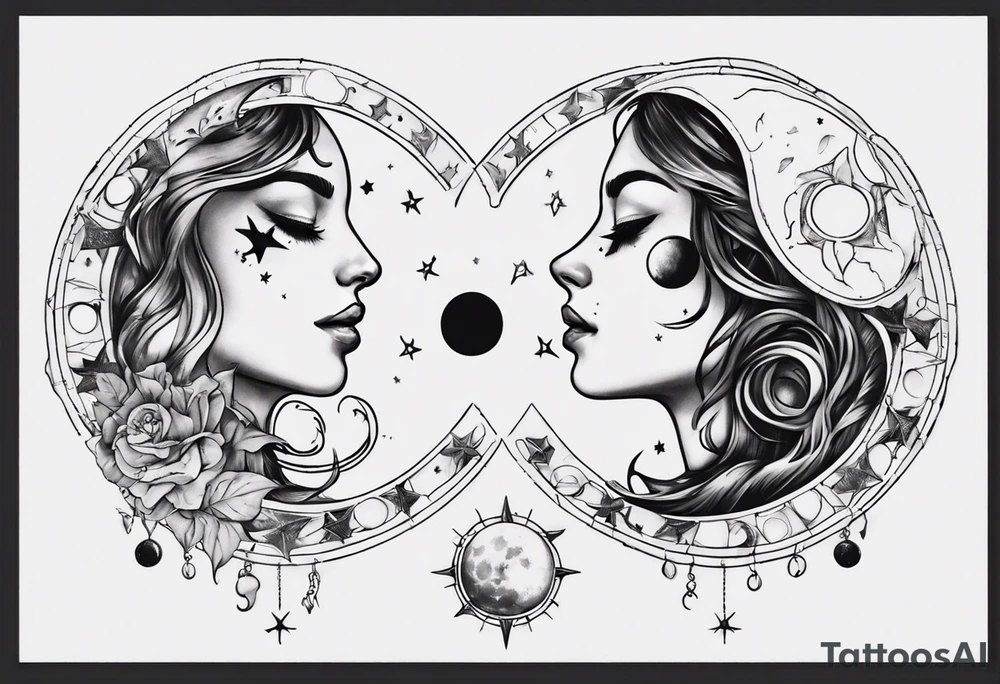moon phase chest tattoo, semicolon, stars, moons, zodiac Cancer, female face in moon, female face in sun, moon phase between breast tattoo idea