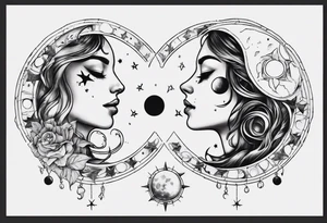 moon phase chest tattoo, semicolon, stars, moons, zodiac Cancer, female face in moon, female face in sun, moon phase between breast tattoo idea