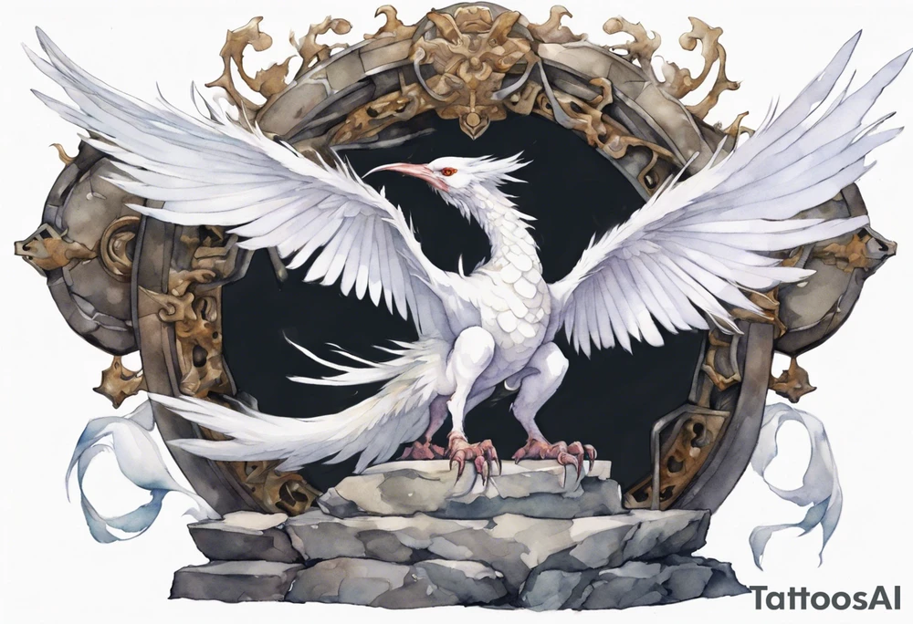a white bird-wyvern hybrid wearing a plain iron diadem, perched on a stone throne tattoo idea