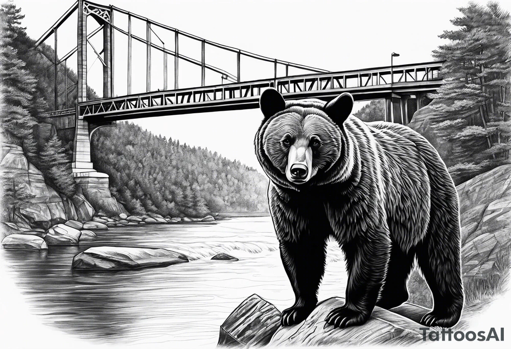 Large thigh tattoo, realism, black and white, black bear with the new river gorge bridge in the background tattoo idea