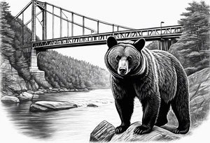 Large thigh tattoo, realism, black and white, black bear with the new river gorge bridge in the background tattoo idea