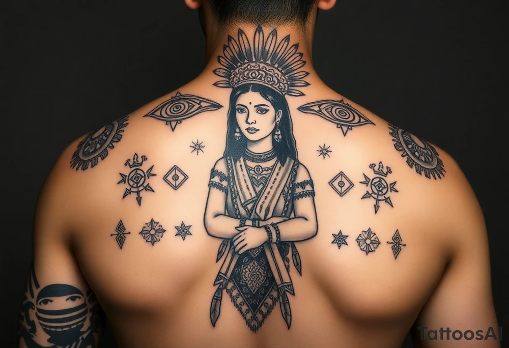 Purepecha princess surrounded by purepecha symbols with hidden tattoo idea