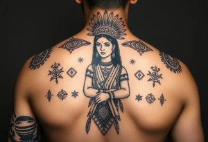 Purepecha princess surrounded by purepecha symbols with hidden tattoo idea