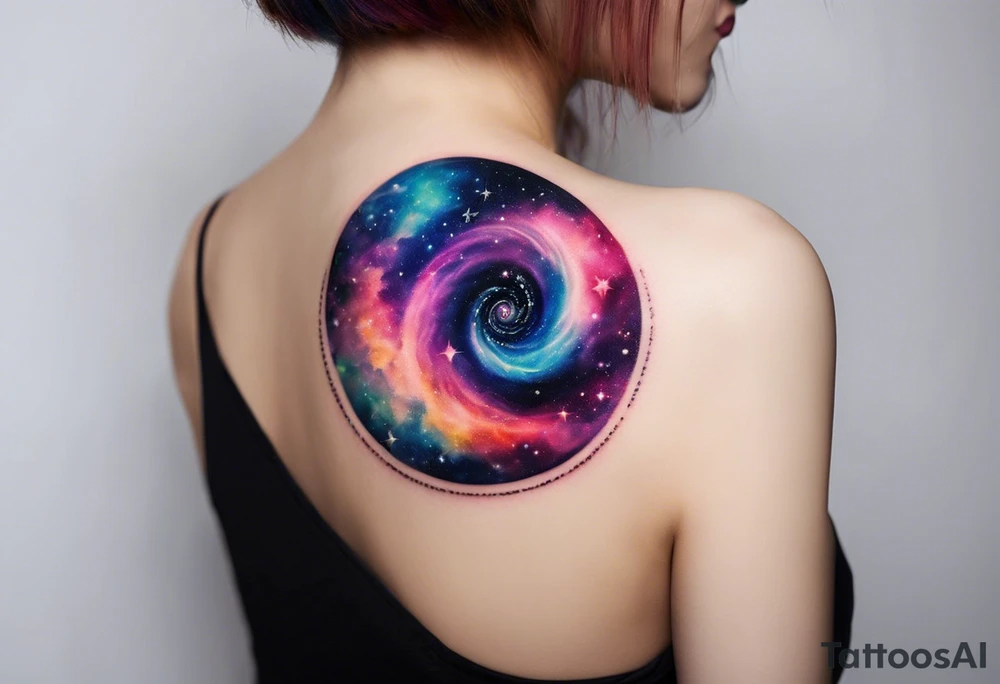 I want a spiral nebula space galaxy tattoo that's colorful and bright and cute and is nice to look at I don't want a traditional circle I want it like the ones thay look like an s shape and this tattoo will be on my left buttcheek and light colors I want more spread and less circle tattoo idea