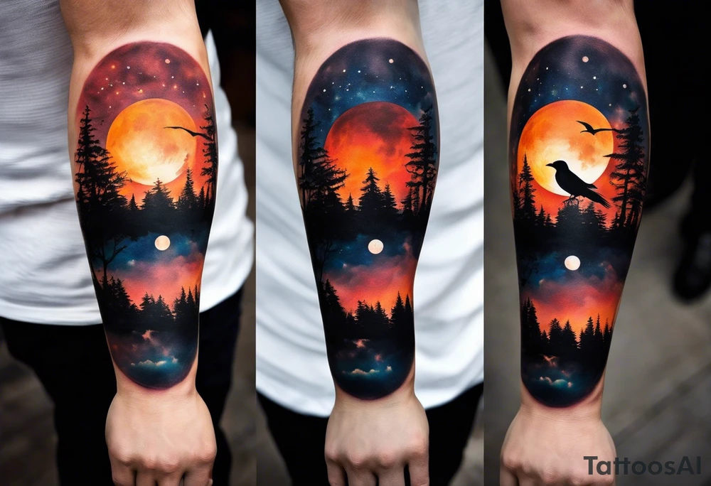 Ying-yang tattoo on mans forearm, where one side captures the night sky with a bright full moon, and the other side showcases the warm hues of a sunset. The moon side features a stunning depiction of a crow in flight, adding a touch of magic and wonder to the design. On the sunset side, the small silhouettes of a man, woman, and two teenage boys walking toward the sunset create a sense of togetherness and family. Around the circle the words "Life is hard, you have to change" are written in child's writing tattoo idea