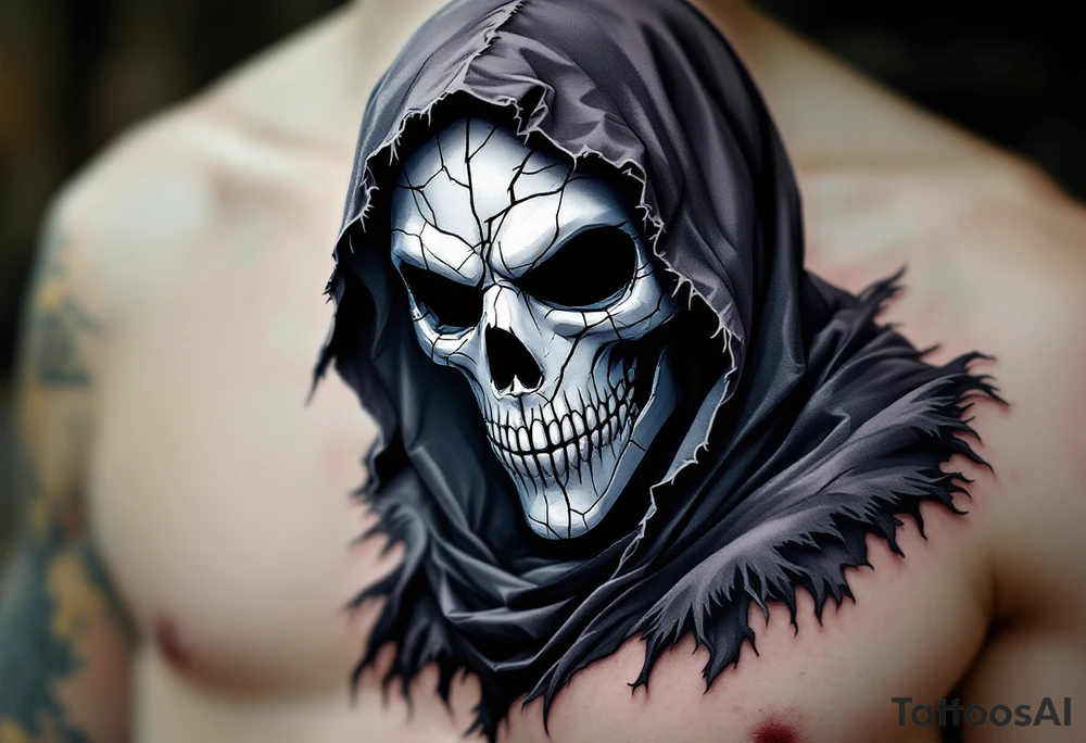 Plague Doctor with Broken Mask – A sinister plague doctor with tipical mask and a fractured porcelain-white mask, revealing hollow darkness beneath. The robes are dark gray with frayed edges, giving the figure an eerie, ghostly presence. tattoo idea